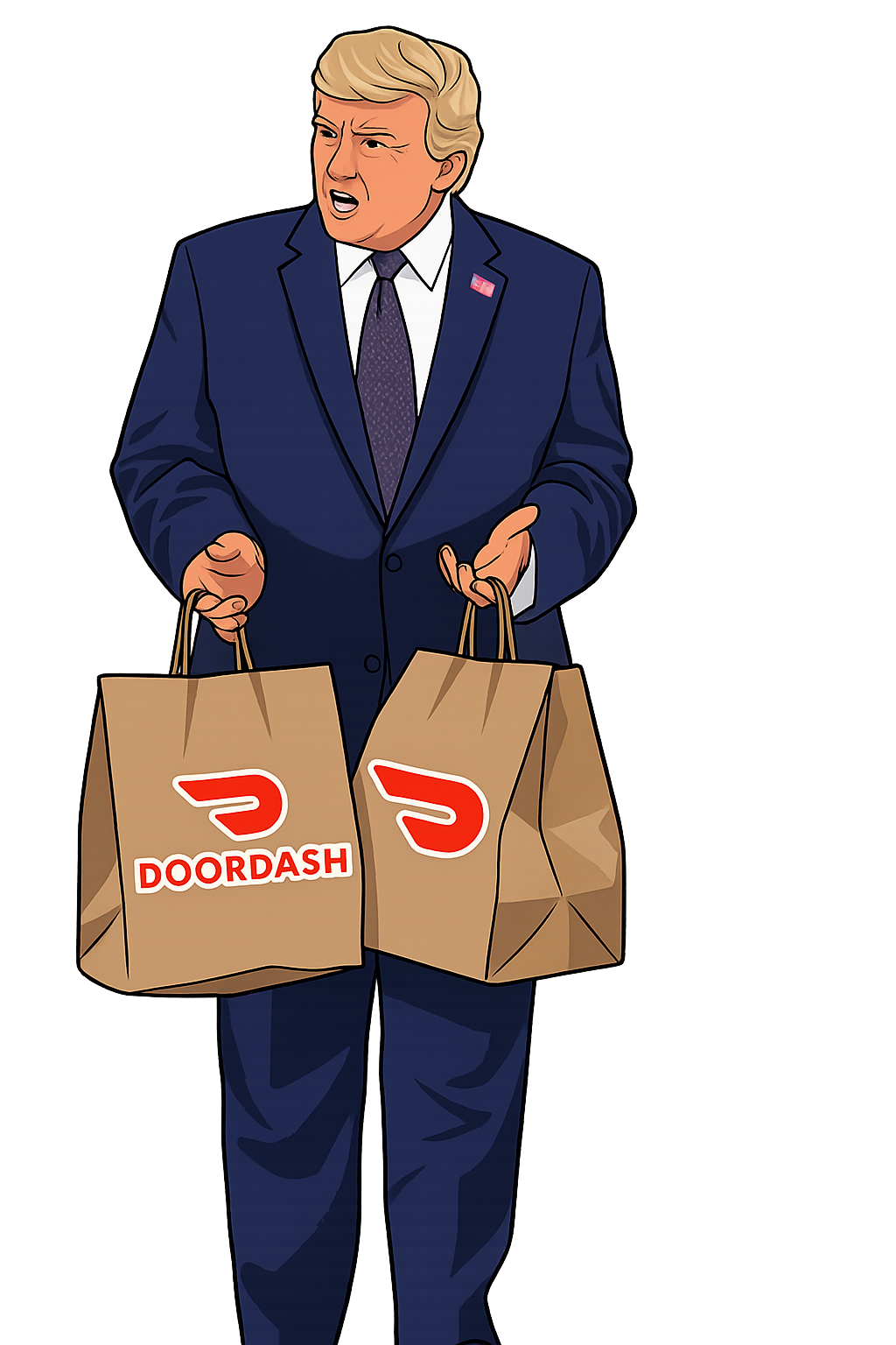 DoorDash Trump character holding delivery bags